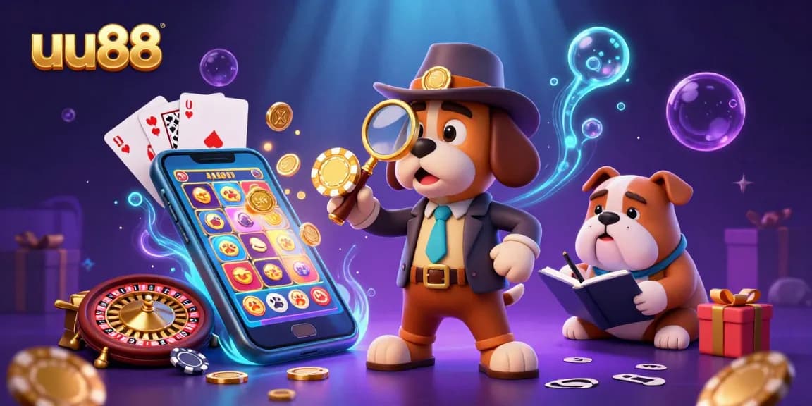 uu88's cartoon detective analyzes poker clues amidst casino games, attracting excitement.