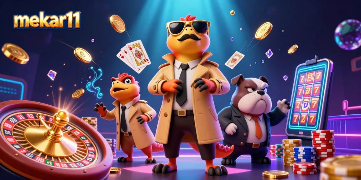 Experience the excitement of mekar11 with raptors in a trench coat entering a casino lounge.