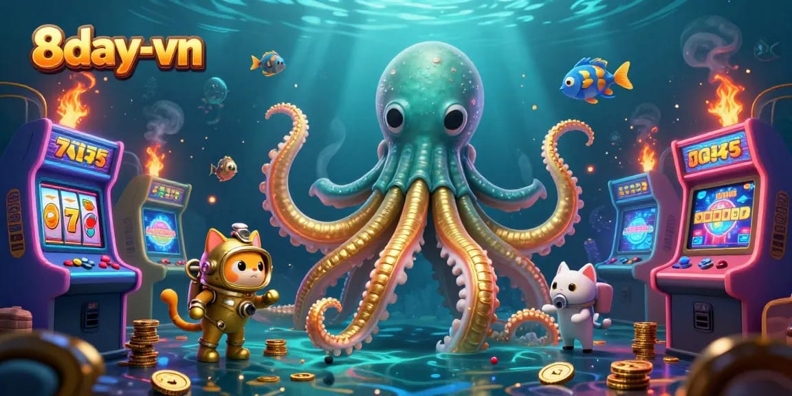 Engage in thrilling adventures at 8day-vn with a kraken and diving cat amidst vibrant gaming elements.