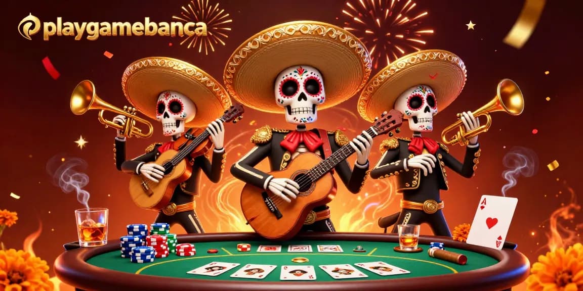 Experience playgamebanca with vibrant skeleton mariachi band and dynamic poker action.