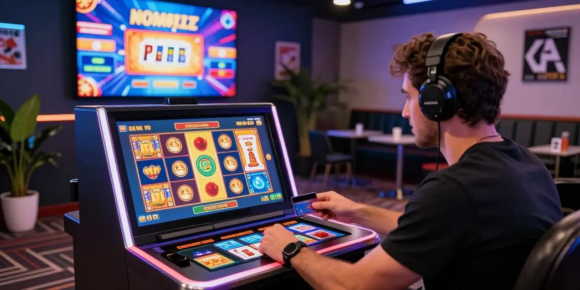 Player enjoying games at credit card casinos with a ready deposit, showcasing a vibrant casino atmosphere.