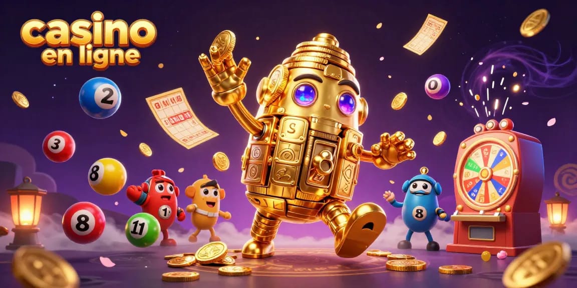 Découvrez le plaisir d'un casino en ligne avec un golem doré et des éléments ludiques tournant autour de lui.