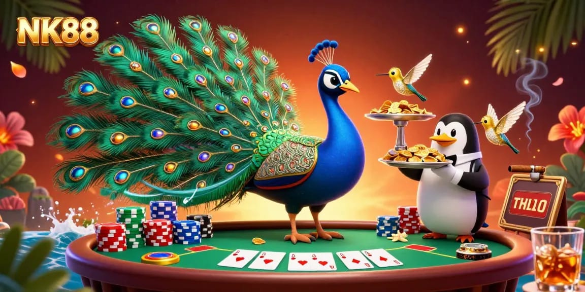 Immerse in the NK88 casino vibe with luxurious gambling elements, vibrant characters, and a lively poker scene.