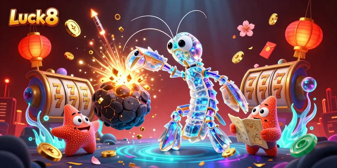 Engage with Luck8's thrilling adventures as a galactic mantis shrimp bursts through an asteroid into golden gems.