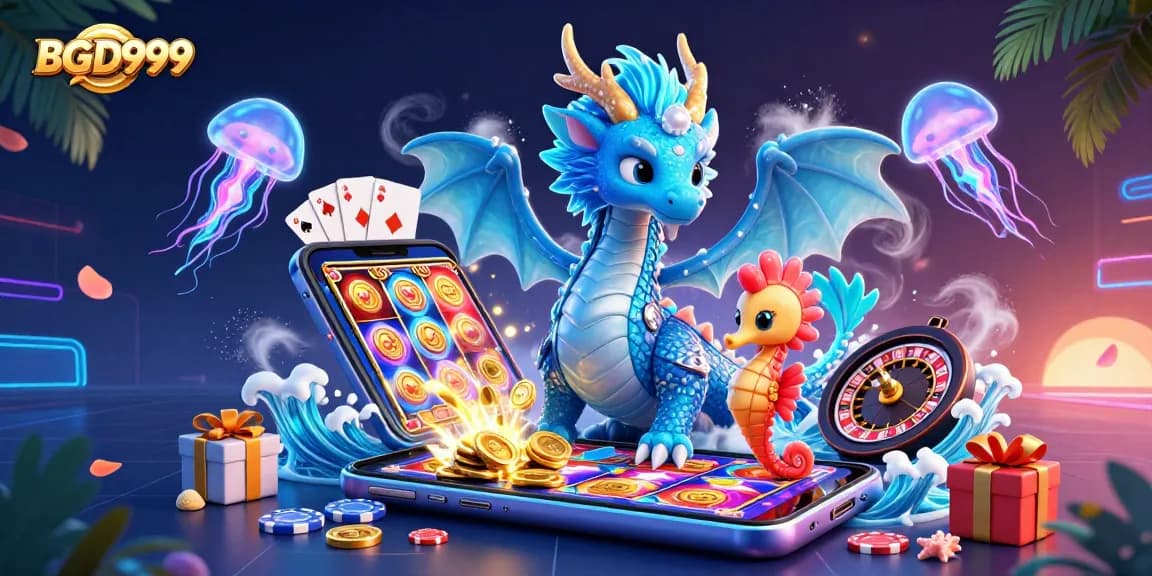 Experience BGD999 with a vibrant 3D illustration showcasing a dragon, seahorse knight, and casino games.