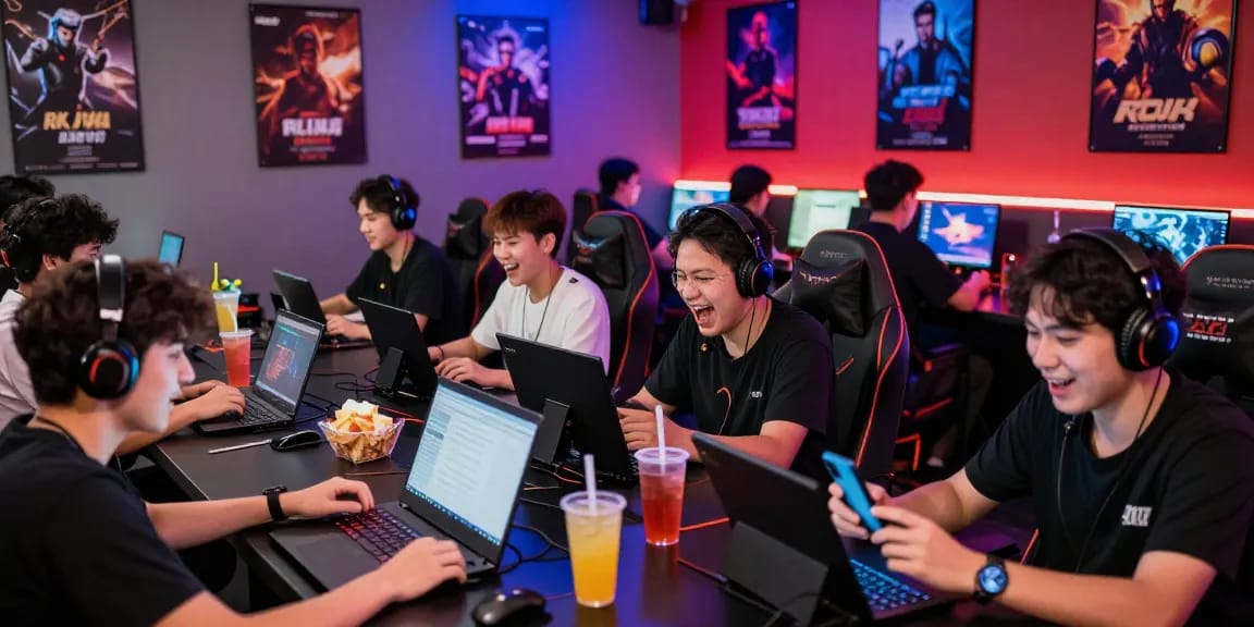 Engaged players enjoying raja 328 online gaming experience in a vibrant lounge.