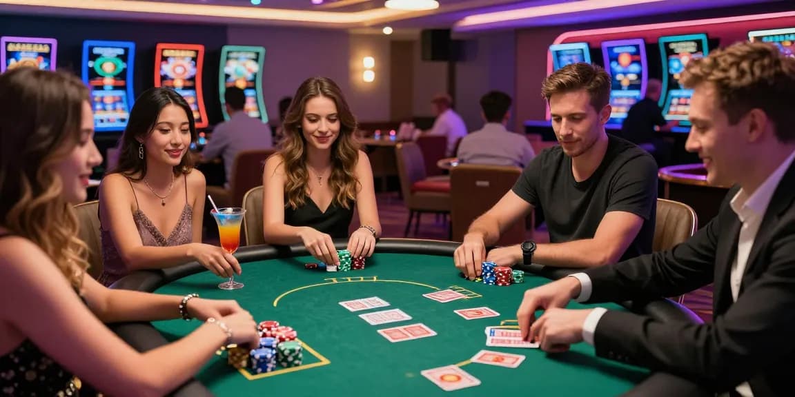 Des amis jouant à un casino en ligne avec des cartes et des jetons colorés dans une ambiance animée.
