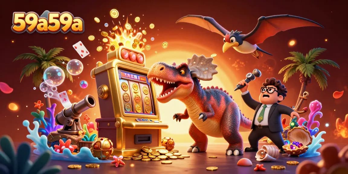 59a59a mostre um dinossauro jogando em um caça-níqueis dourado, capturando moedas douradas.