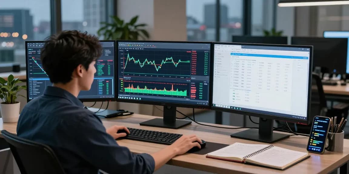 Trader analyzing MT5 platform in a modern office setting with multiple screens displaying live forex charts and automated trading.