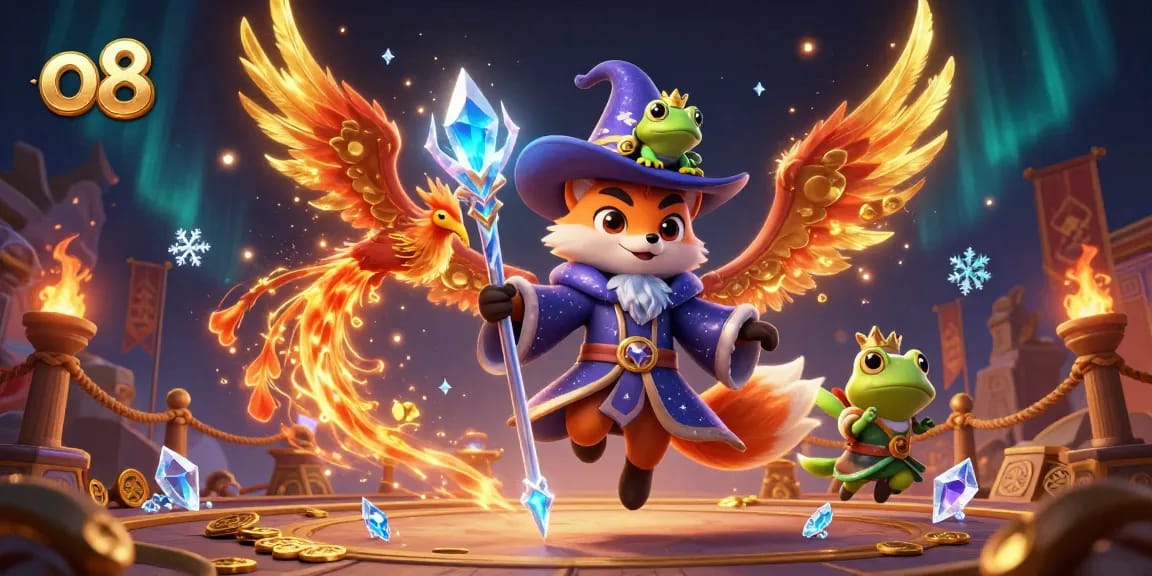 Experience exciting gameplay at O8 Casino with a mystical wizard fox and phoenix in a dynamic 3D illustration.