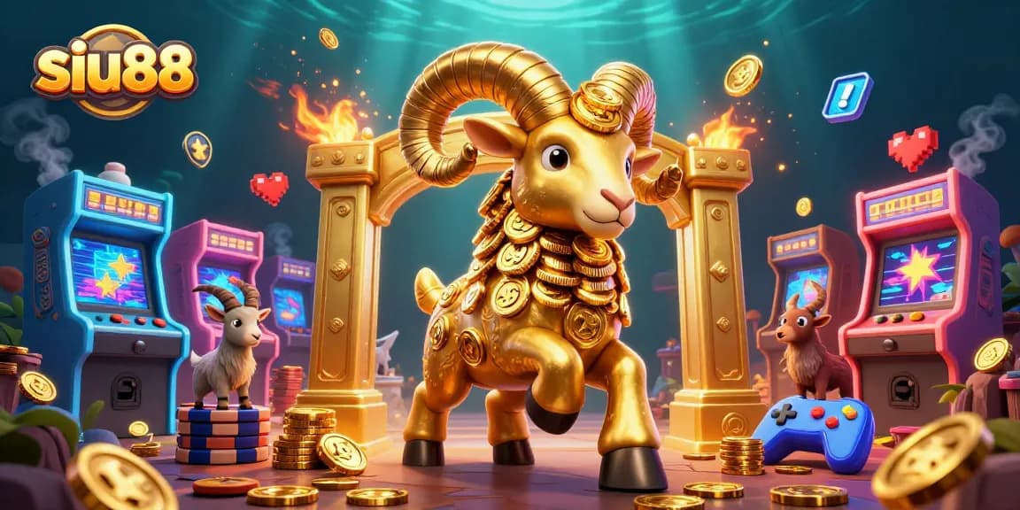 Experience gaming action with siu88's 3D illustrated golden ram and vibrant arcade elements.