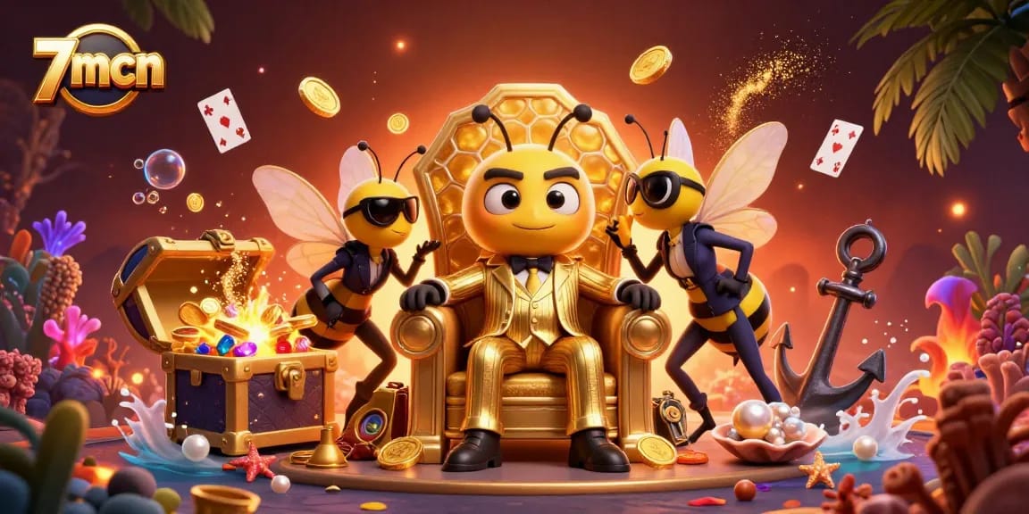 Experience thrilling action in 7mcn with a dynamic 3D casino scene featuring cartoon characters amidst treasure and gaming elements.