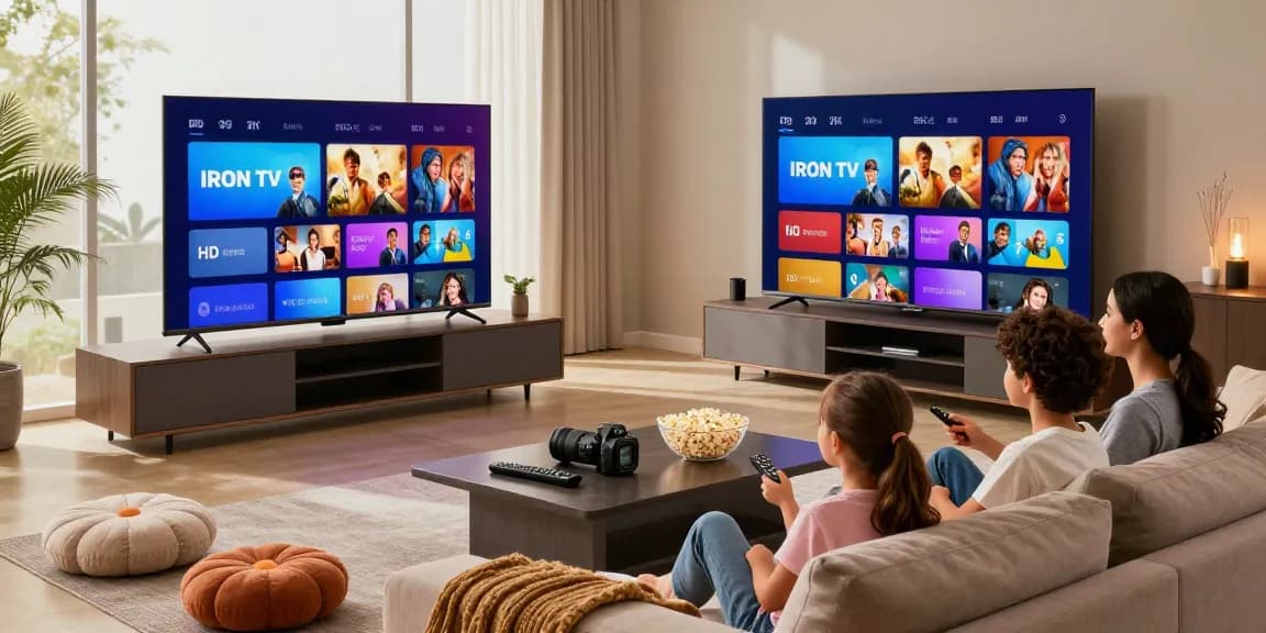 Family enjoying entertainment with Iron tv pro on a Smart TV in a cozy living room.