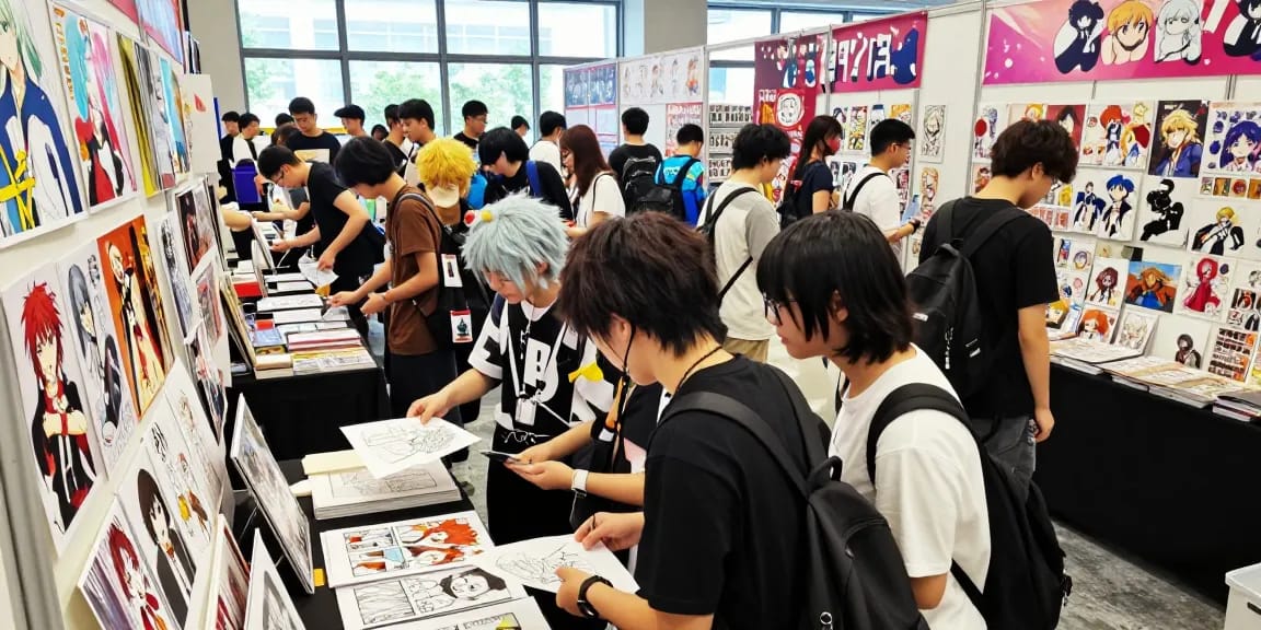 A vibrant doujinshi convention scene showcasing doujinhentai-th.com with artists, fans, and original manga art.