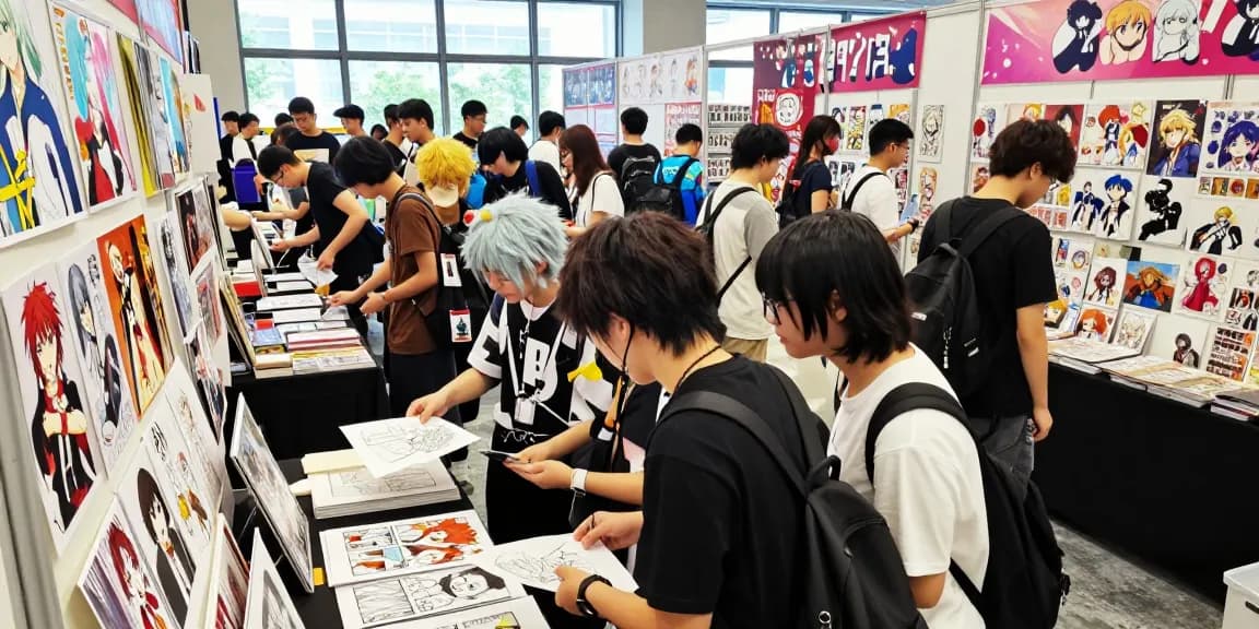 A vibrant doujinshi convention scene showcasing doujinhentai-th.com with artists, fans, and original manga art.