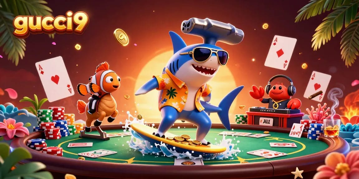 Experience the excitement of gucci9 as a shark surfs gold coins, amidst vibrant casino elements