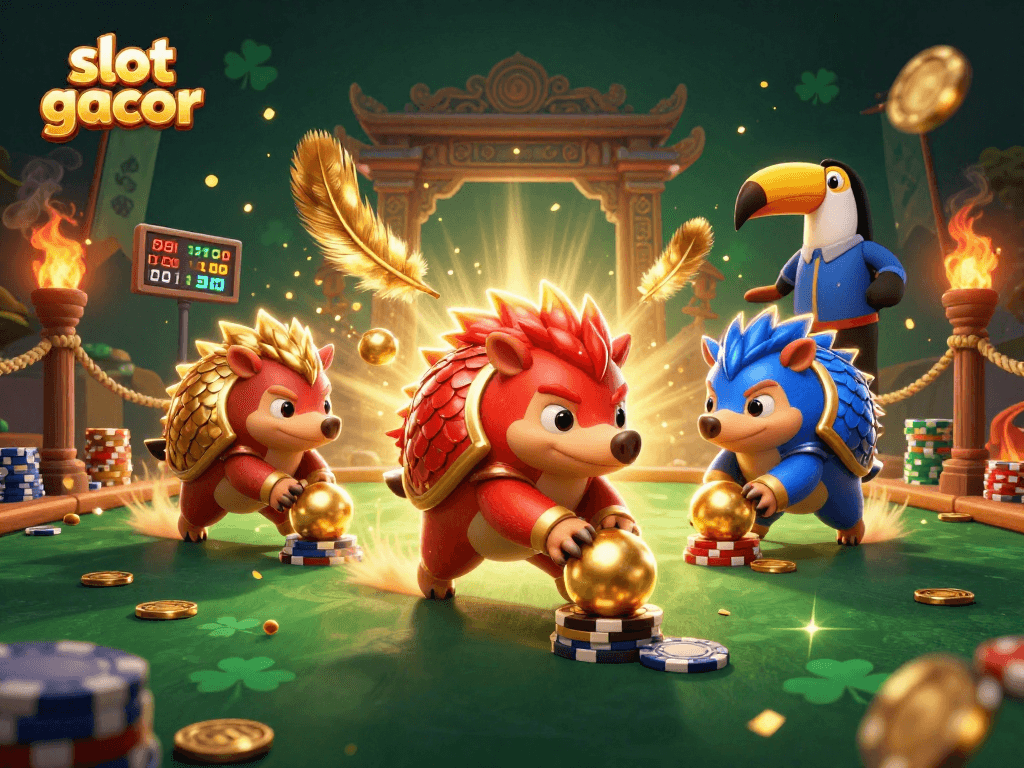 Engage with slot gacor as vibrant pangolins duel with golden balls and poker chips in a lively casino.