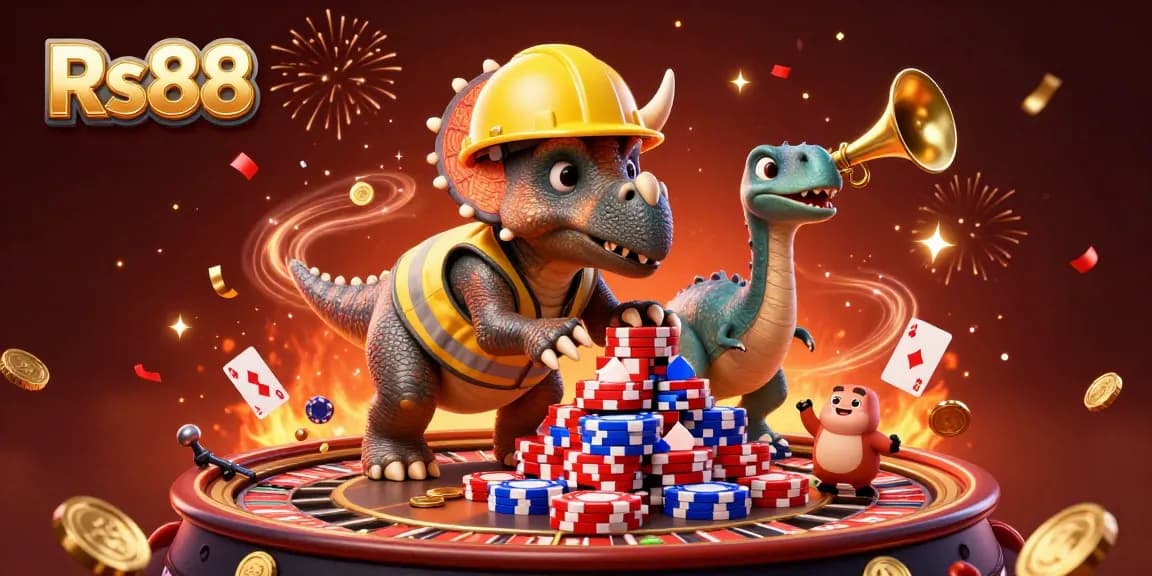 Engage with Rs88's thrilling casino games, featuring a vibrant scene of celebration and excitement.