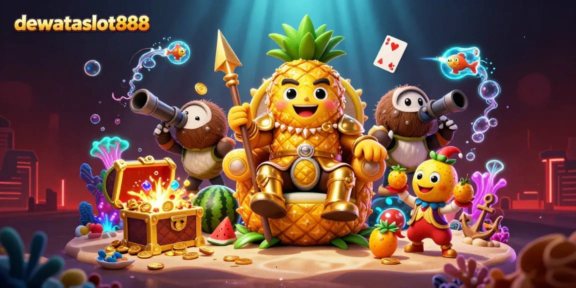 Mainkan permainan slot di dewataslot888 dengan tumpukan koin emas dan karakter menarik!