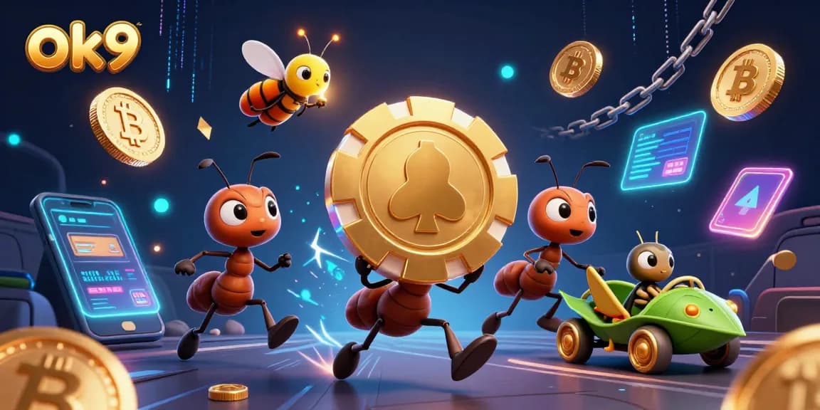 Engage with ok9 as 3D ants execute a heist for a giant poker chip, showcasing an exciting casino adventure.