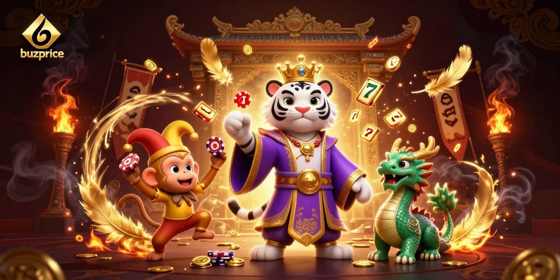 buzprice features a lively 3D scene with a tiger and monkey in a vibrant casino atmosphere, ideal for gamblers.