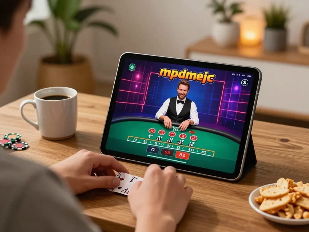 O8 player engaging in live dealer blackjack on tablet while enjoying a cozy home atmosphere.