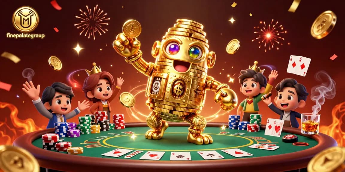 Engage with finepalategroup's vibrant casino world featuring a golden golem amidst poker action.