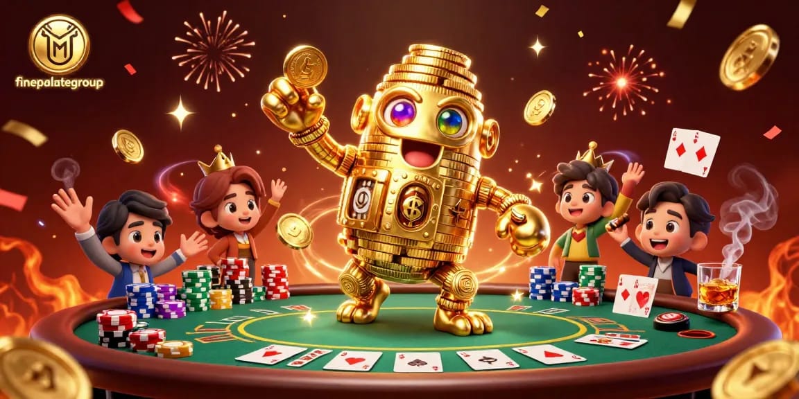 Engage with finepalategroup's vibrant casino world featuring a golden golem amidst poker action.