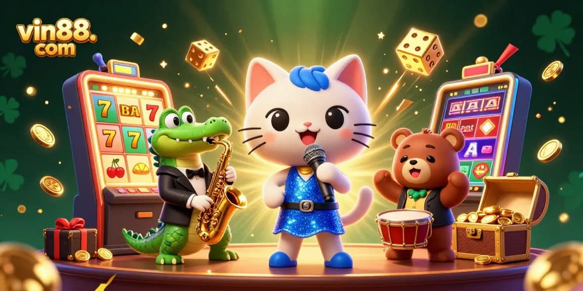Experience vibrant gaming at vin88. com with a dynamic casino scene featuring fun characters.
