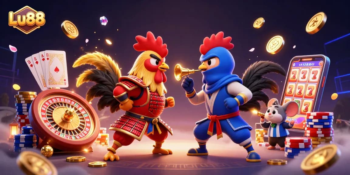 Lu88's exciting standoff with fighting roosters in a vibrant casino atmosphere