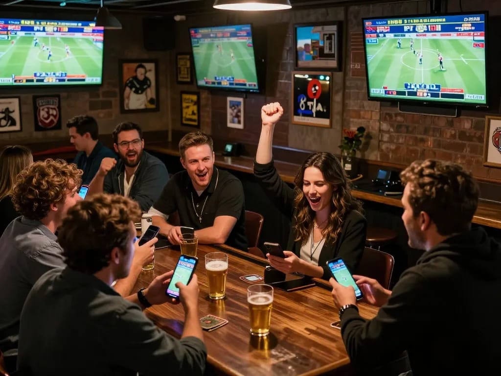 Exciting sports betting at w 88 bar with patrons placing bets and watching games live.