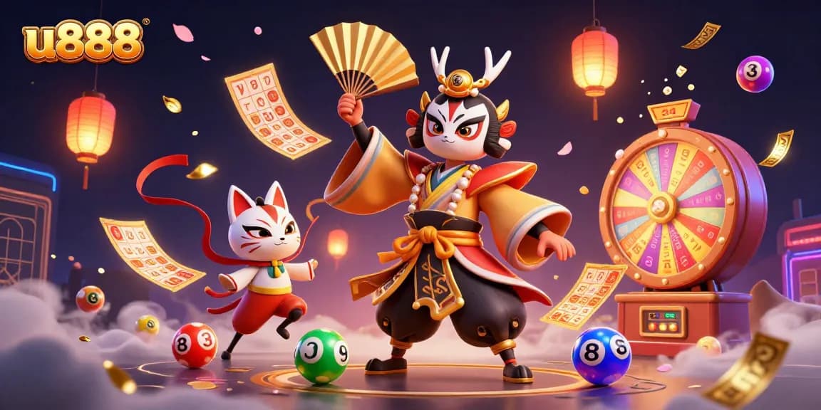 Experience thrilling u888 gaming with a 3D kabuki warrior, lottery, and vibrant casino elements.