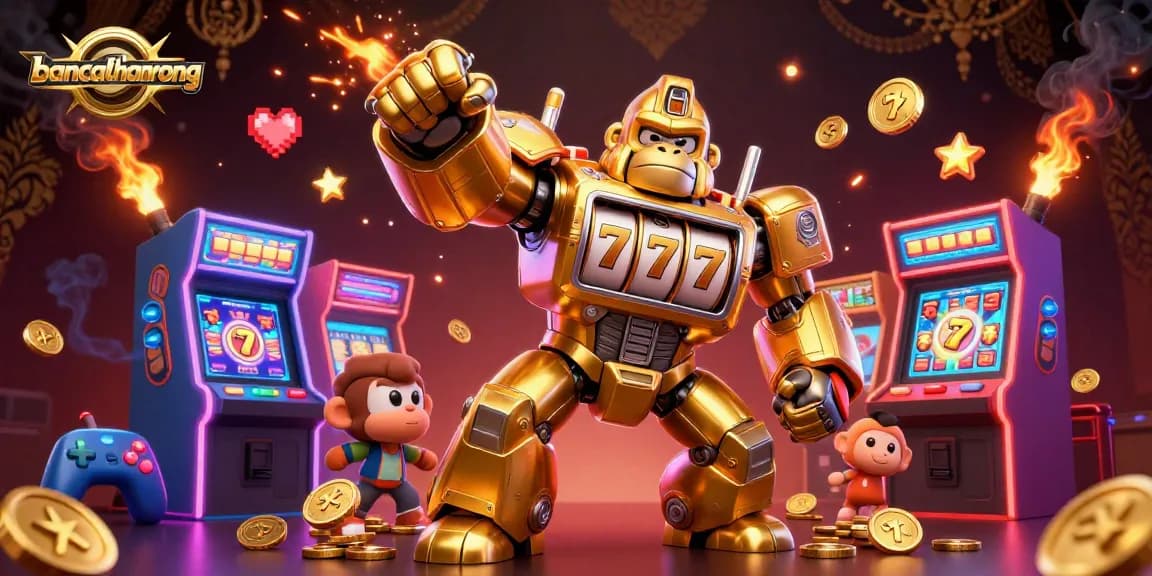Engage with the bancathanrong golden gorilla mech smashing jackpots surrounded by colorful slot machines and game icons.
