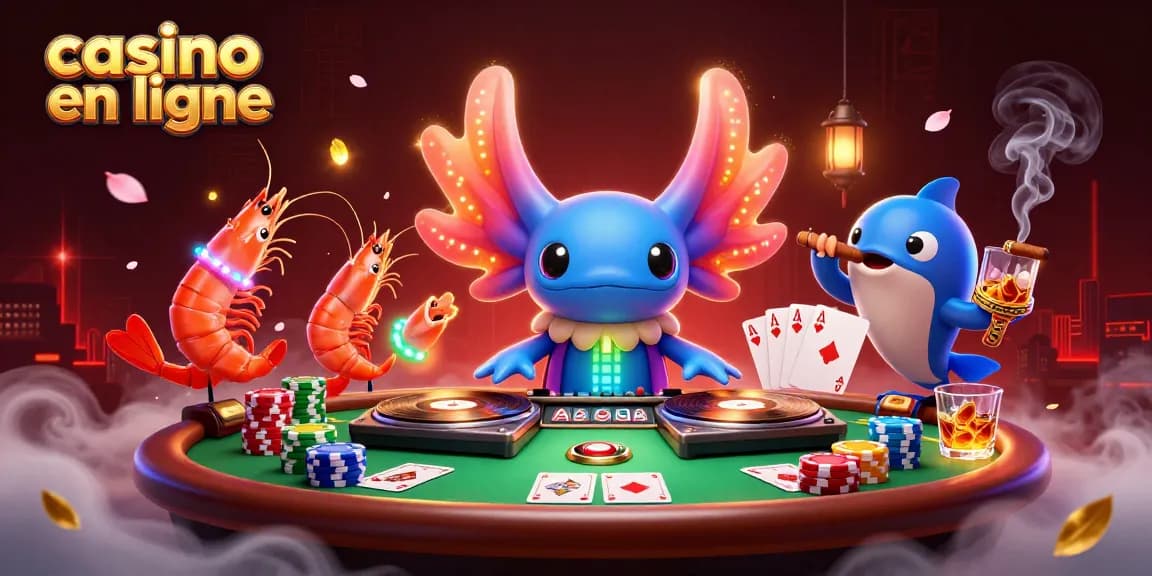 Plongez dans l'univers du casino en ligne avec des personnages animés au cœur d'une scène vibrante de jeux.