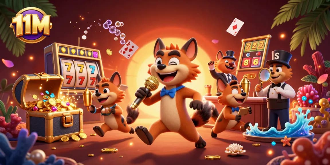 Experience excitement at 11M's casino club with hyena comedians and vibrant gaming elements.