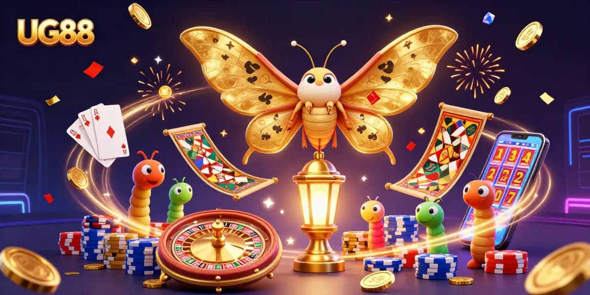 Win big with UG88 in this vibrant casino scene filled with gold coins, cards, and celebration!