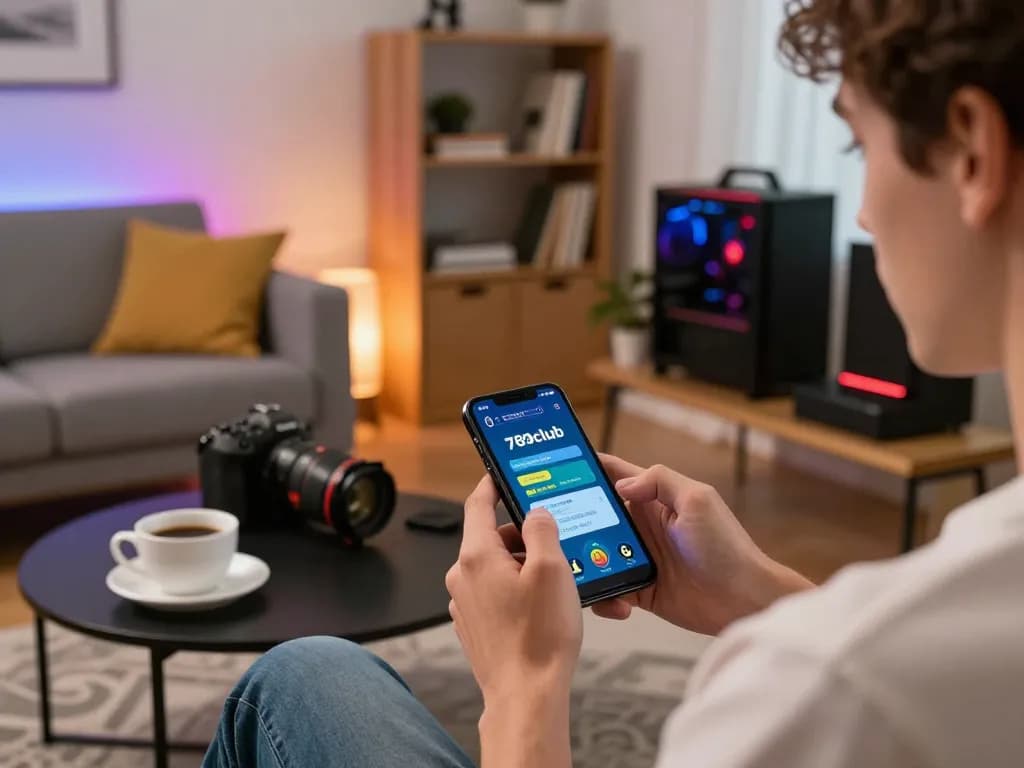 Engaging with the 789club app for thrilling online gaming in a cozy living room setting
