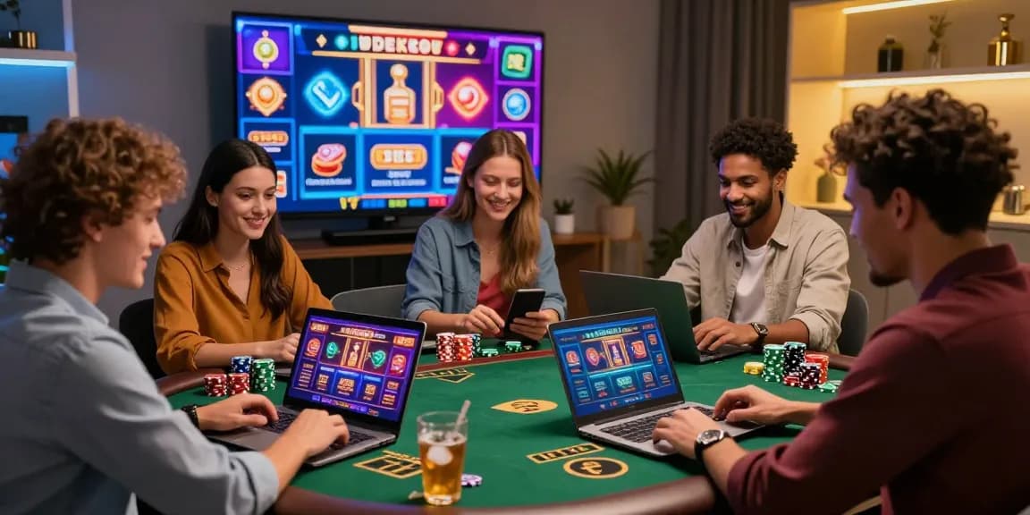 Scène de casino en ligne mettant en avant des joueurs heureux et concentrés, jouant à des jeux variés comme des machines à sous et des jeux de table, créant une ambiance festive.