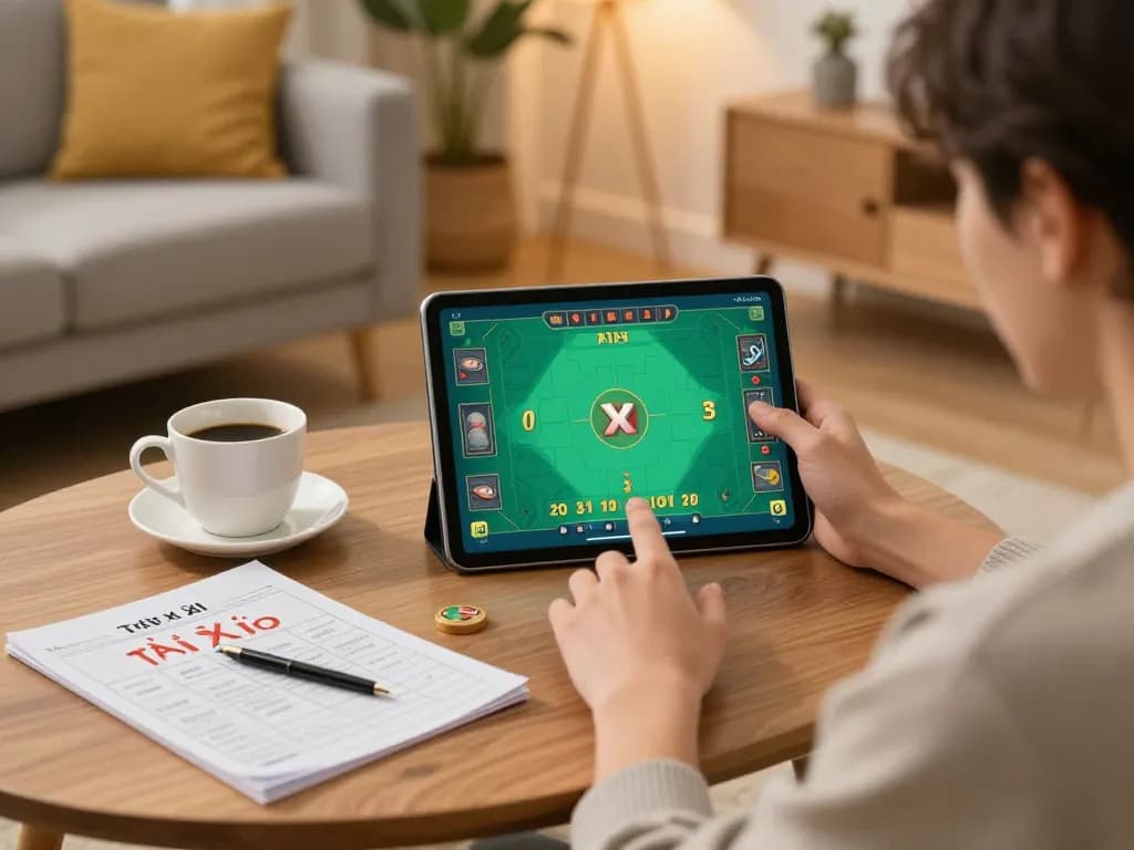 Engaging in online Tài Xỉu gameplay with taixiuonline8 on a tablet in a cozy living room setting.