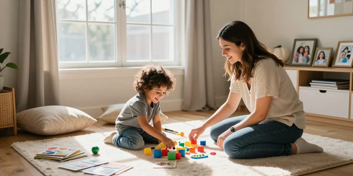 Child engaging in DIR floortime therapy session with therapist in a welcoming environment