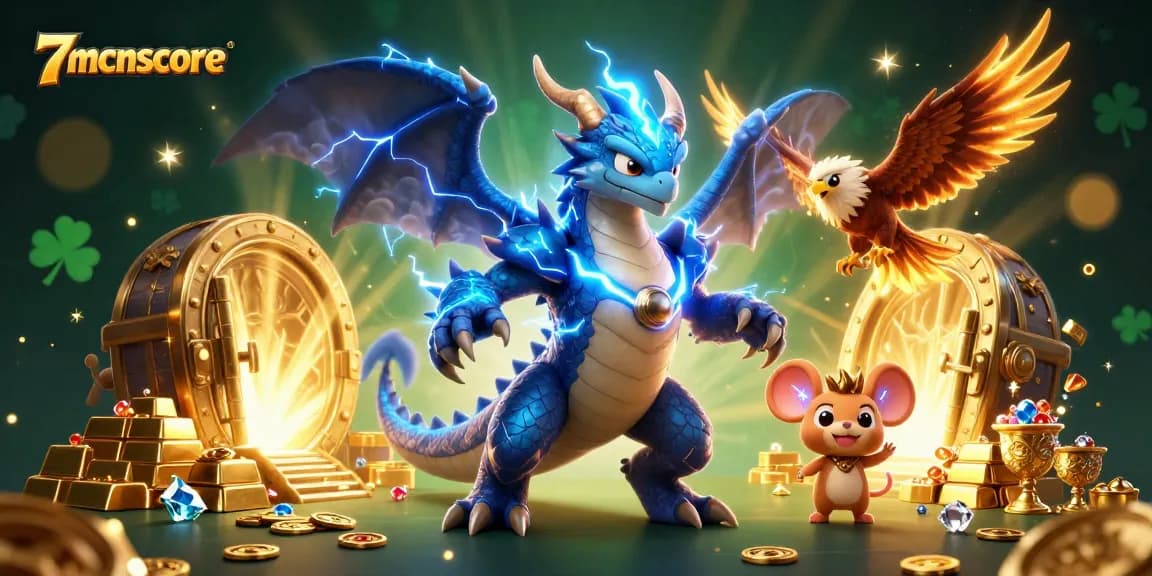 Experience the excitement of 7mcnscore with dynamic characters and treasures in a vibrant casino scene.
