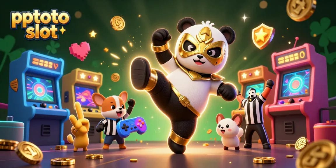 PPTOTO slot menghadirkan pengalaman bermain dengan panda gulat dan penonton ceria dalam suasana kasino.