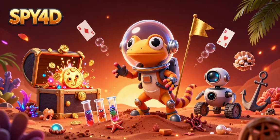 Permainan SPY4D yang menyenangkan dengan gecko Mars dan elemen kasino berkilauan.