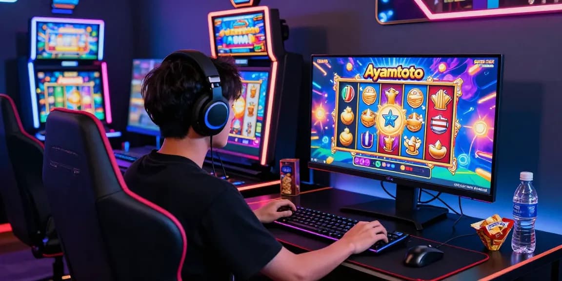 Pengalaman bermain Ayamtoto yang mendebarkan dengan mesin slot warna-warni dan gamer fokus di ruangan modern.