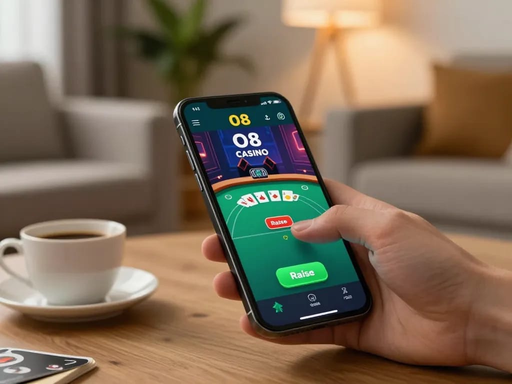 Engaging gameplay on the O8 casino app showcasing poker action in a cozy home setting.