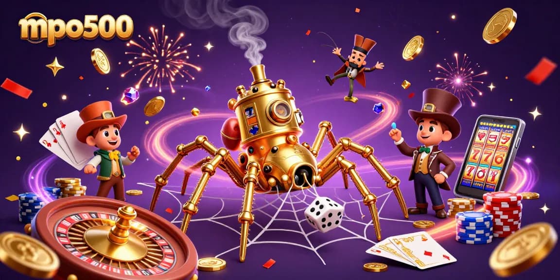 Experience the excitement of mpo500 with a vibrant 3D casino scene featuring characters and game elements.