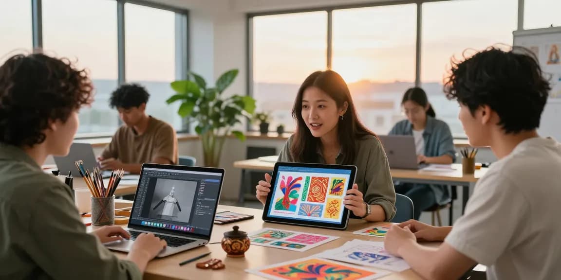 A diverse group in a creative workspace at https://hanadultalk.com collaborating on Asian culture content, capturing vibrant and innovative atmosphere.