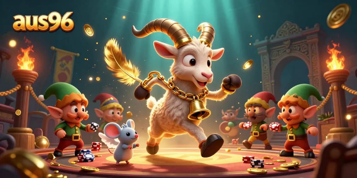 Experience the excitement of aus96 casino with festive characters in a lively gaming scene!