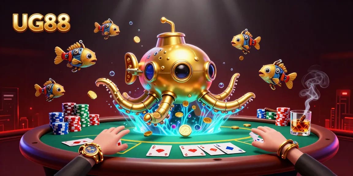 Experience thrilling poker games with UG88 through an ultra-detailed scene of a golden kraken submarine amidst poker chips and cards.