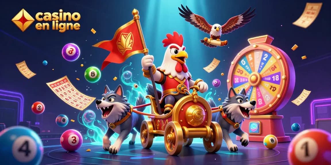 Illustration de casino en ligne avec un coq guerrier, des bouledogues et des éléments de jeu colorés.